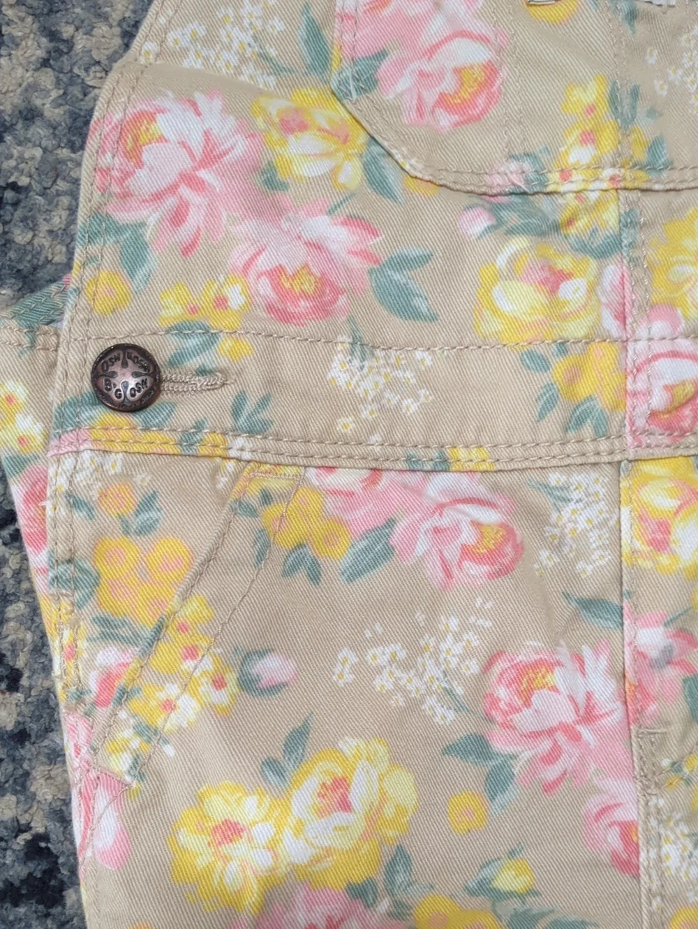 OshKosh B'gosh Tan Floral Girls' Overalls with Pink & Yellow Blossoms